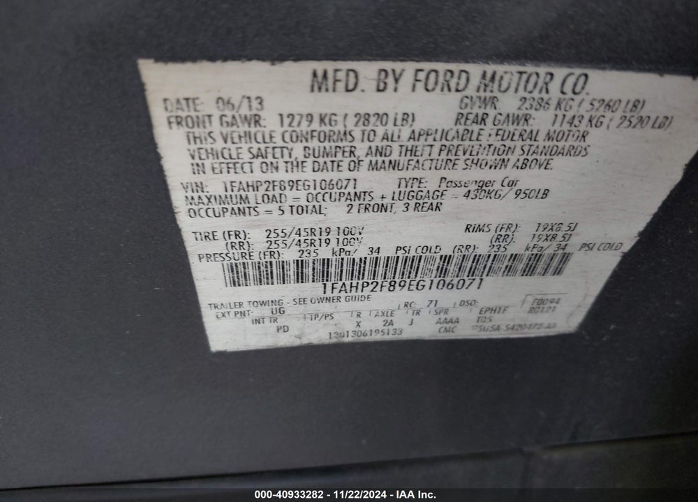 2014 FORD TAURUS LIMITED VIN: 1FAHP2F89EG106071