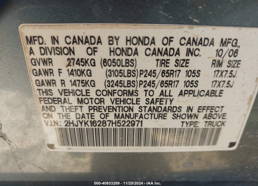 2007 HONDA RIDGELINE RT VIN: 2HJYK16287H522971