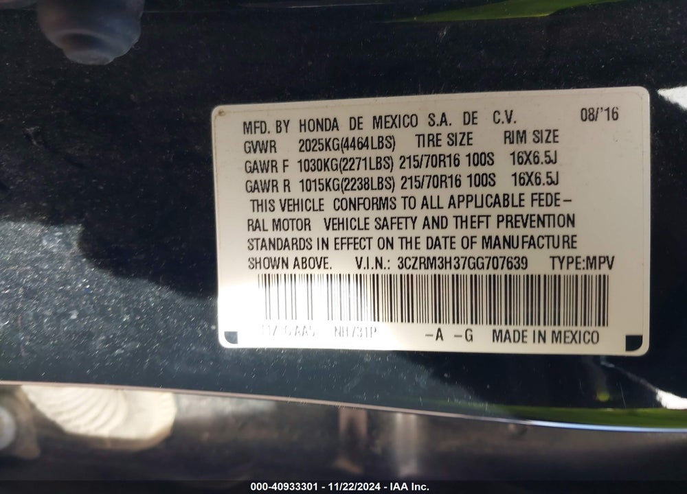 2016 HONDA CR-V LX VIN: 3CZRM3H37GG707639