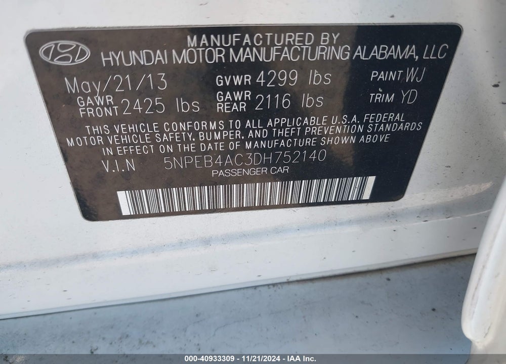 2013 HYUNDAI SONATA GLS VIN: 5NPEB4AC3DH752140