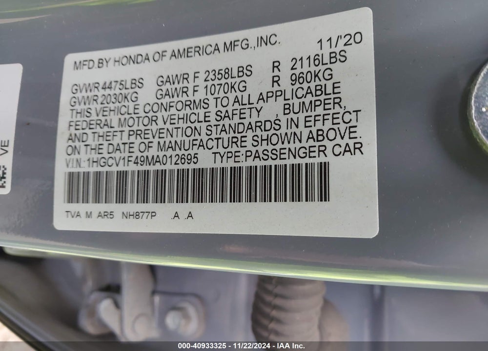2021 HONDA ACCORD VIN: 1HGCV1F49MA012695