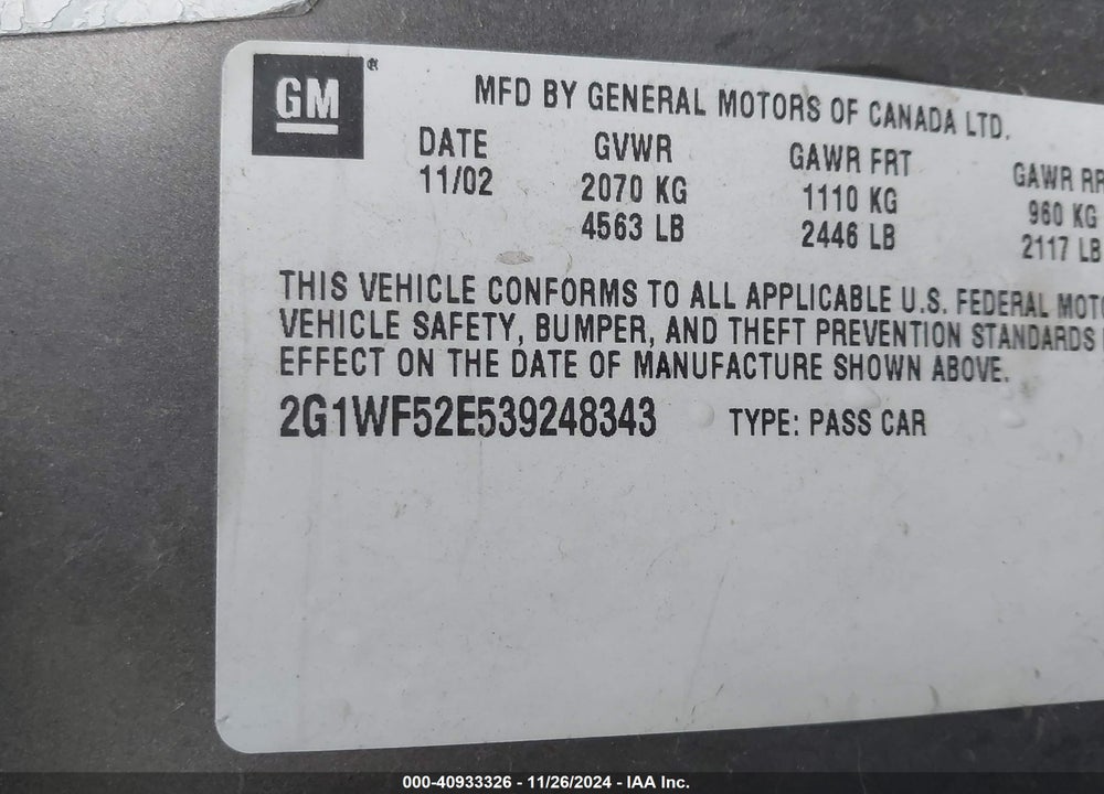 2003 CHEVROLET IMPALA VIN: 2G1WF52E539248343