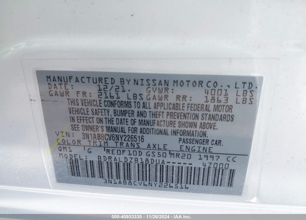 2022 NISSAN SENTRA SV XTRONIC CVT VIN: 3N1AB8CV6NY226516