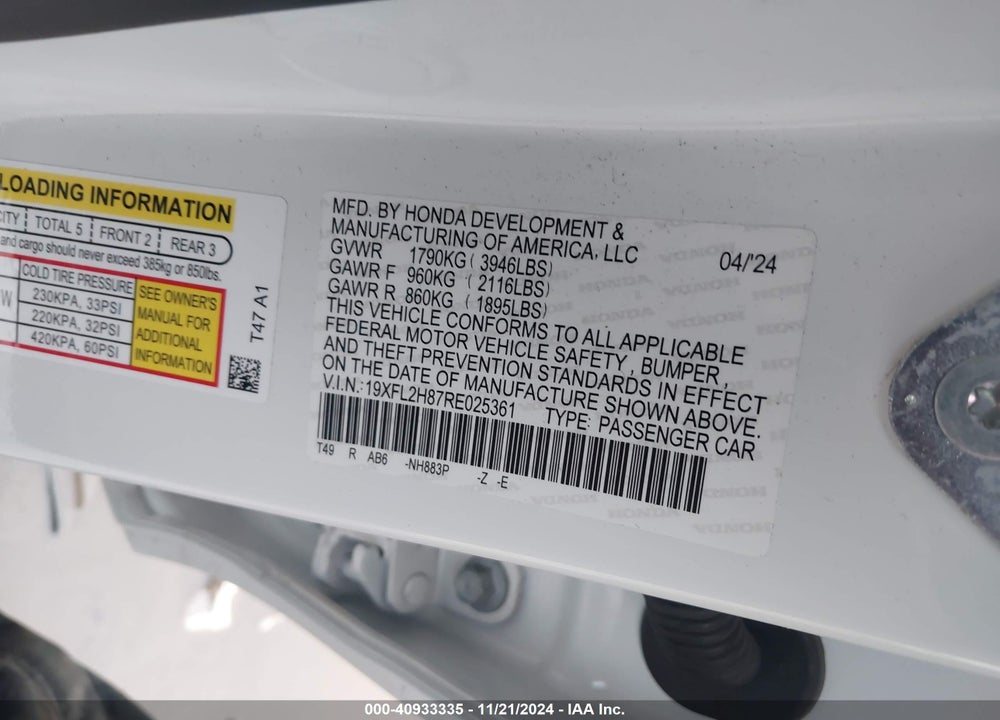 2024 HONDA CIVIC SPORT VIN: 19XFL2H87RE025361