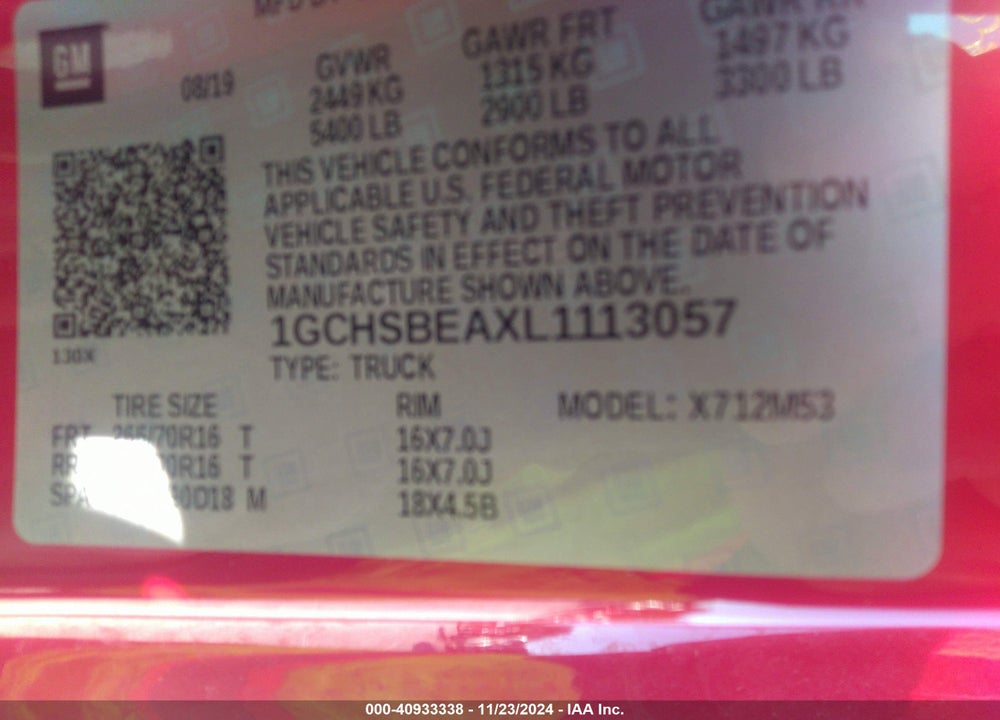 2020 CHEVROLET COLORADO VIN: 1GCHSBEAXL1113057