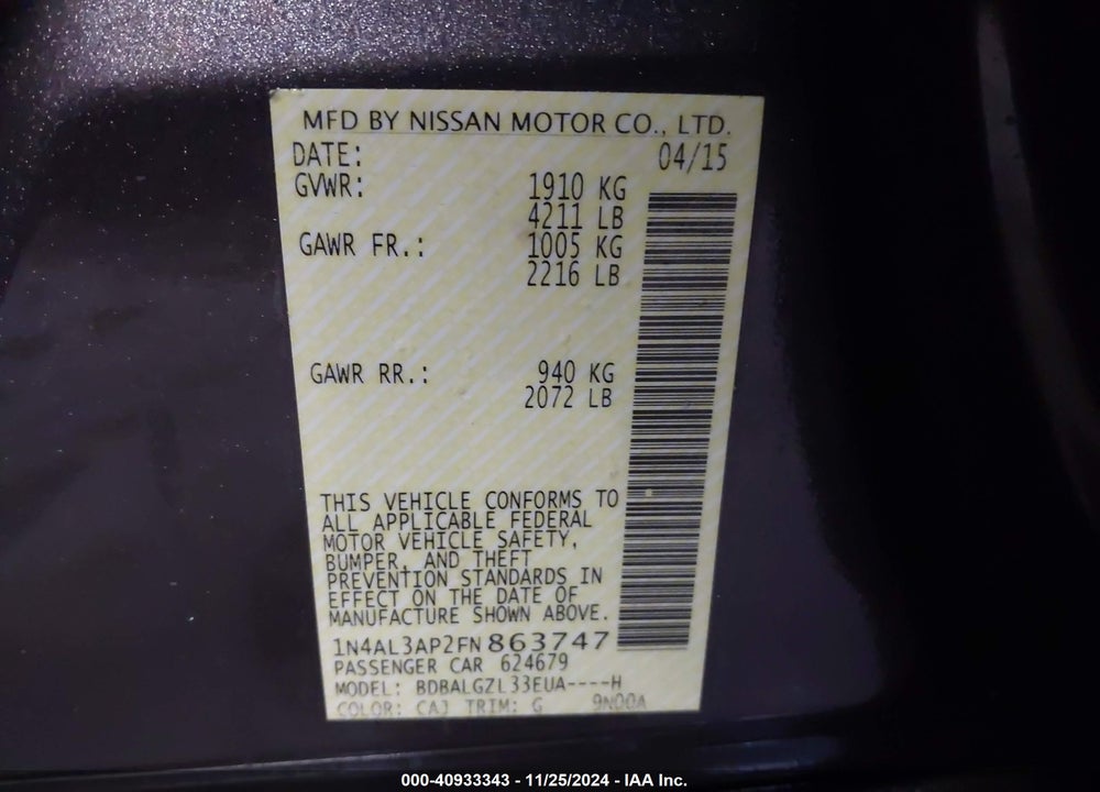 2015 NISSAN ALTIMA 2.5 S VIN: 1N4AL3AP2FN863747