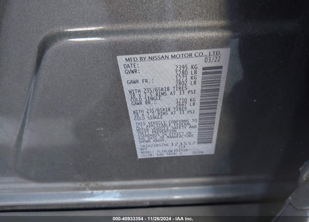 2022 NISSAN MURANO SV INTELLIGENT AWD VIN: 5N1AZ2BS7NC123557
