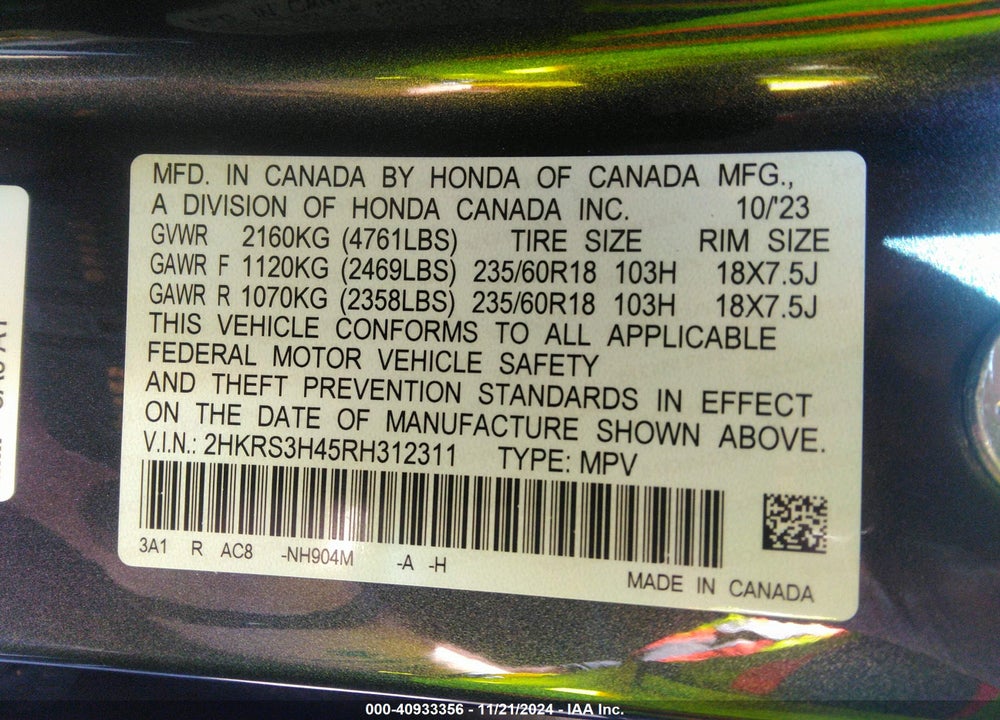 2024 HONDA CR-V EX 2WD VIN: 2HKRS3H45RH312311