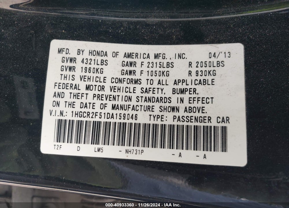 2013 HONDA ACCORD SPORT VIN: 1HGCR2F51DA159046
