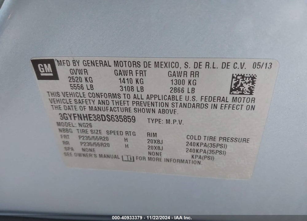 2013 CADILLAC SRX PERFORMANCE COLLECTION VIN: 3GYFNHE38DS635859