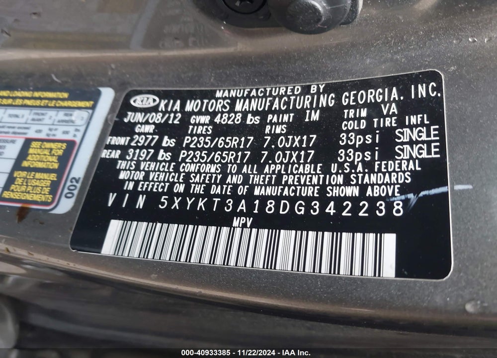 2013 KIA SORENTO LX VIN: 5XYKT3A18DG342238