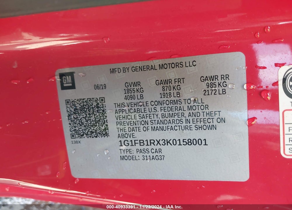 2019 CHEVROLET CAMARO VIN: 1G1FB1RX3K0158001