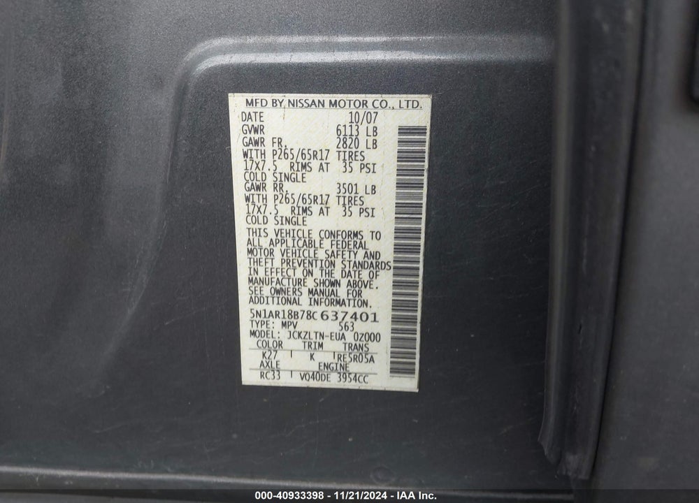 2008 NISSAN PATHFINDER SE VIN: 5N1AR18B78C637401
