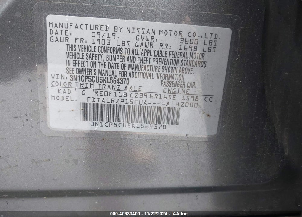 2019 NISSAN KICKS S VIN: 3N1CP5CU5KL564370