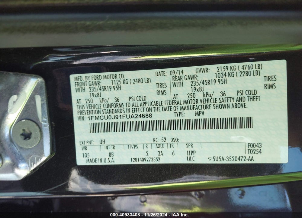 2015 FORD ESCAPE TITANIUM VIN: 1FMCU0J91FUA24688