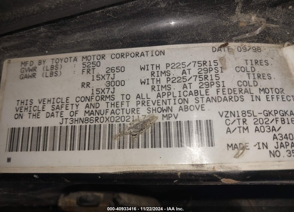 1999 TOYOTA 4RUNNER SR5 V6 VIN: JT3HN86R0X0202117