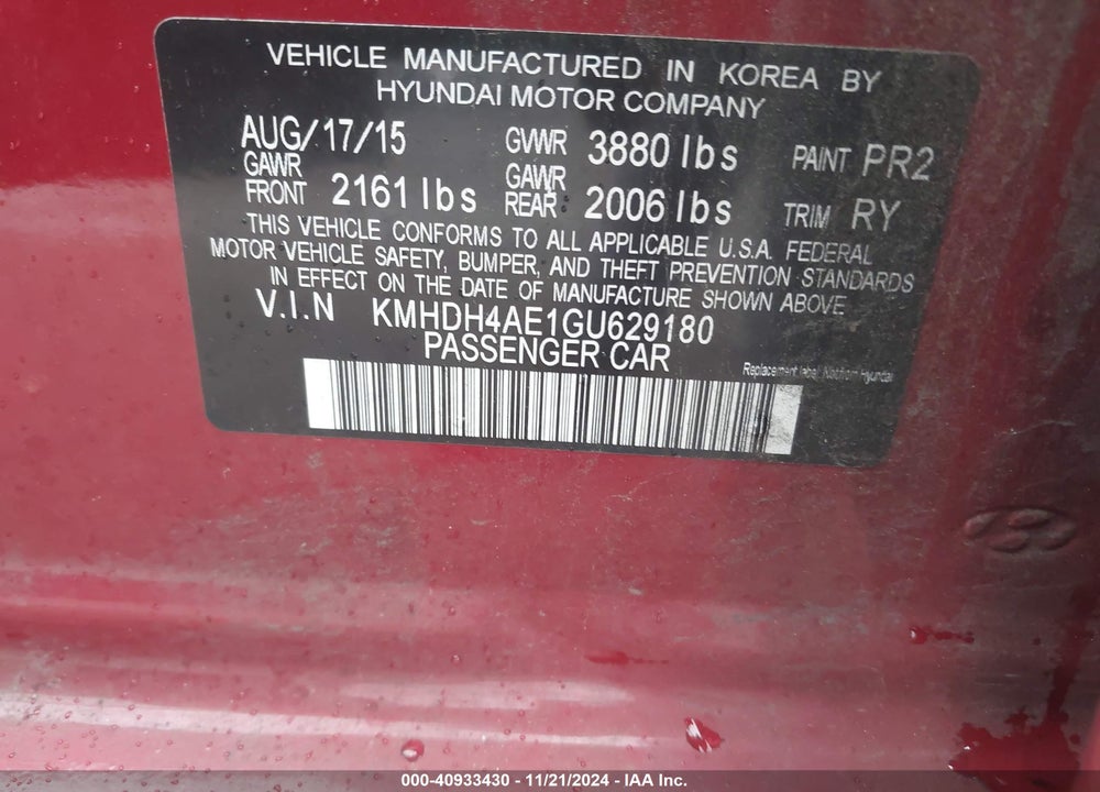2016 HYUNDAI ELANTRA VALUE EDITION VIN: KMHDH4AE1GU629180
