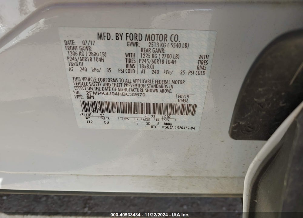 2017 FORD EDGE SEL VIN: 2FMPK4J94HBC32670