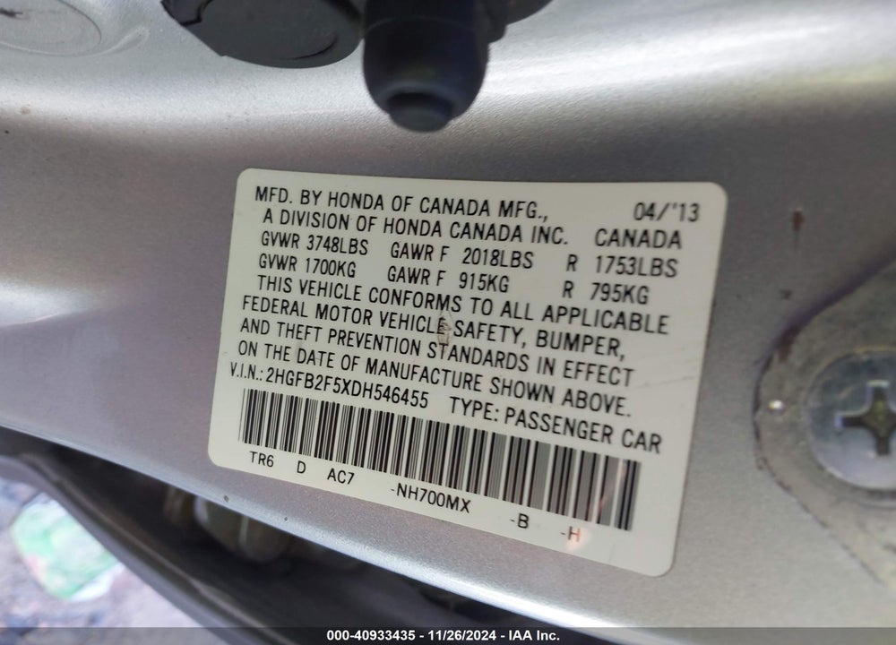 2013 HONDA CIVIC LX VIN: 2HGFB2F5XDH546455