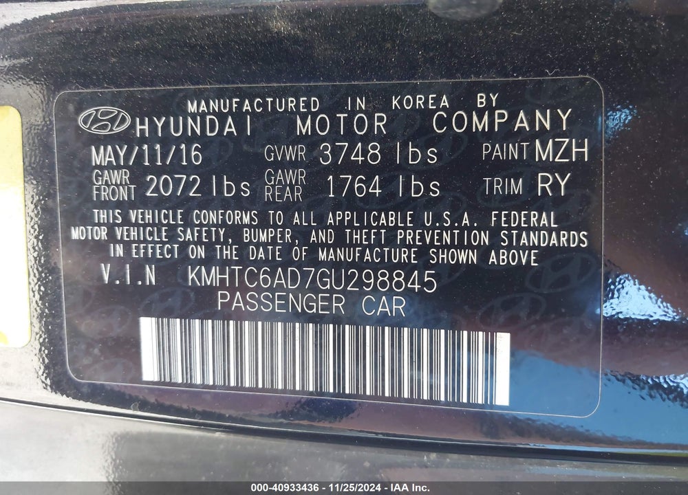 2016 HYUNDAI VELOSTER VIN: KMHTC6AD7GU298845