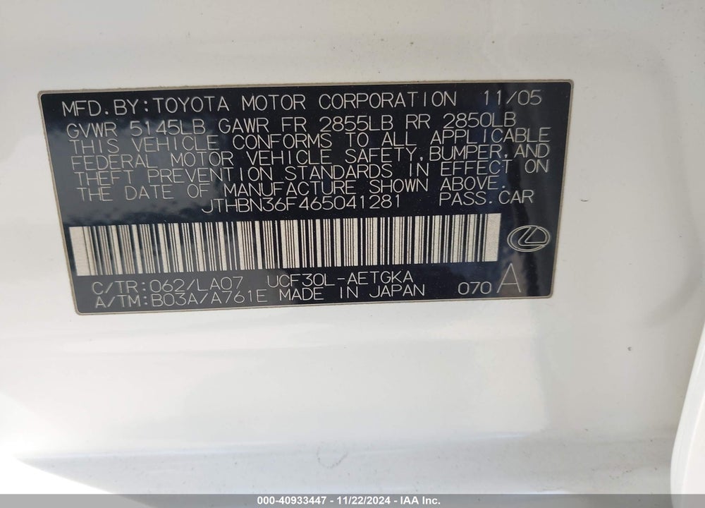 2006 LEXUS LS 430 VIN: JTHBN36F465041281