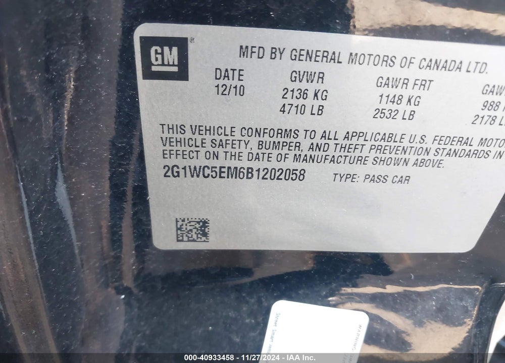 2011 CHEVROLET IMPALA LTZ VIN: 2G1WC5EM6B1202058