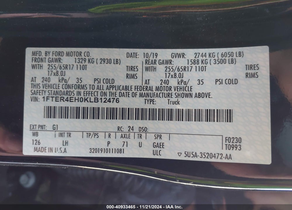 2019 RANGER FORD  XLT VIN: 1FTER4EH0KLB12476