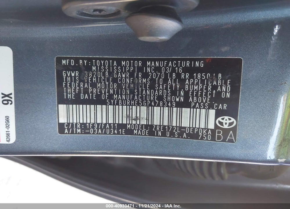 2016 TOYOTA COROLLA L VIN: 5YFBURHE5GP478349