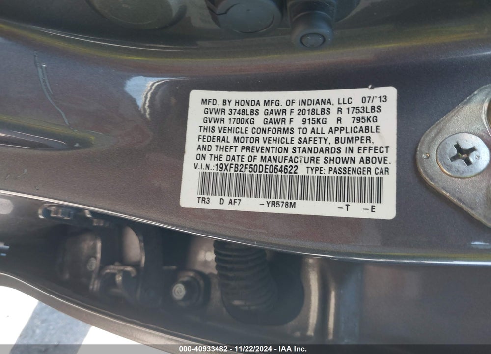2013 HONDA CIVIC LX VIN: 19XFB2F50DE064622