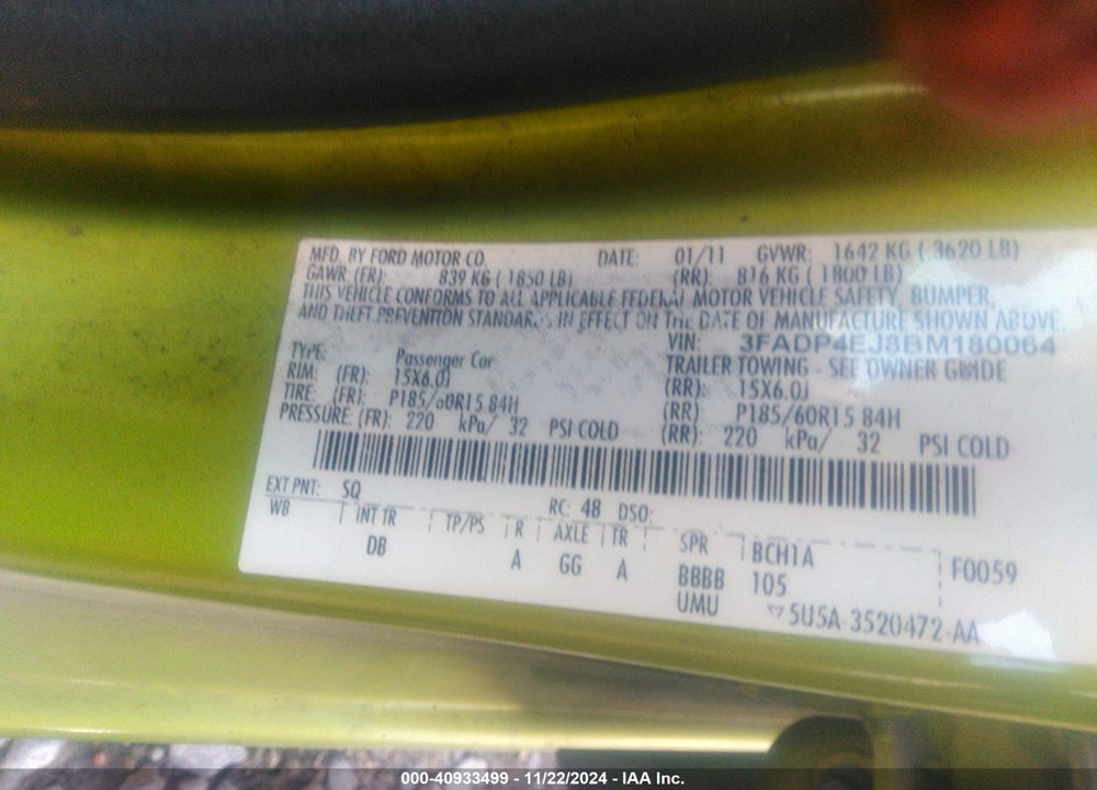 2011 FORD FIESTA SE VIN: 3FADP4EJ8BM180064