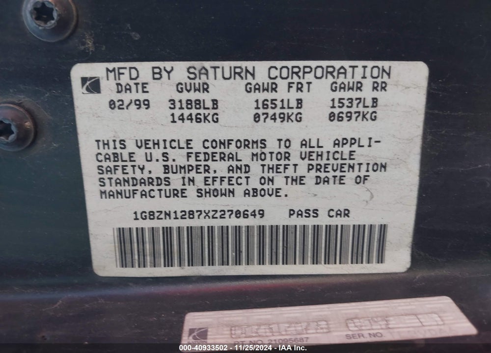1999 SATURN SC1 VIN: 1G8ZN1287XZ270649