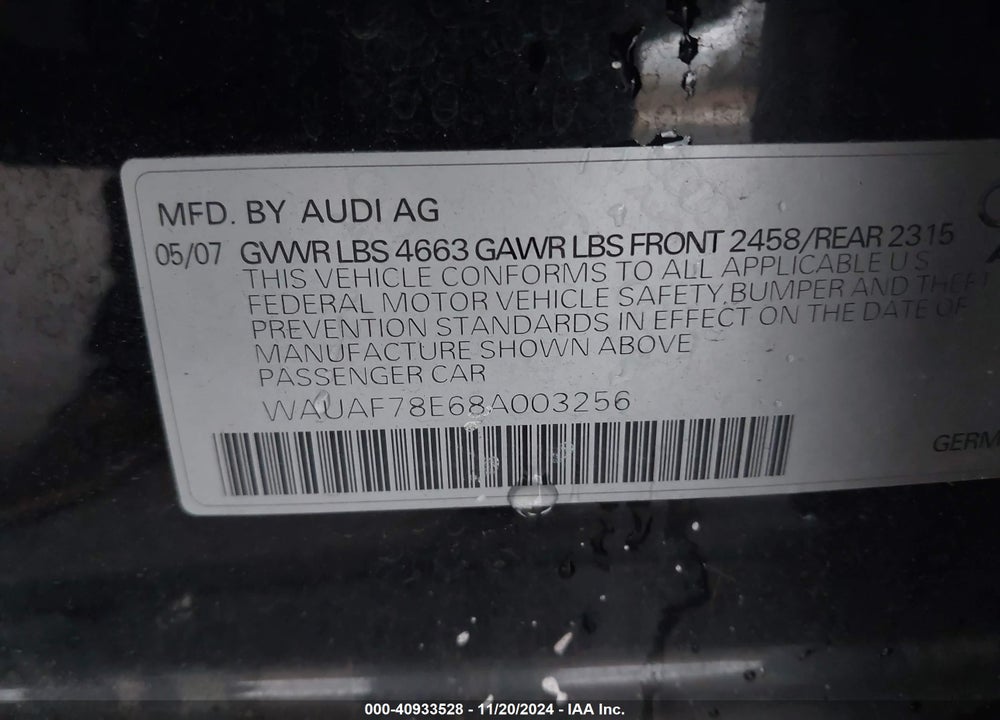 2008 AUDI A4 2.0T VIN: WAUAF78E68A003256