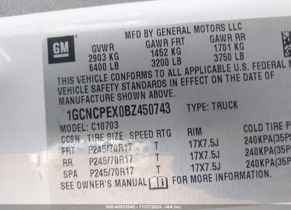 2011 CHEVROLET SILVERADO 1500 WORK TRUCK VIN: 1GCNCPEX0BZ450743