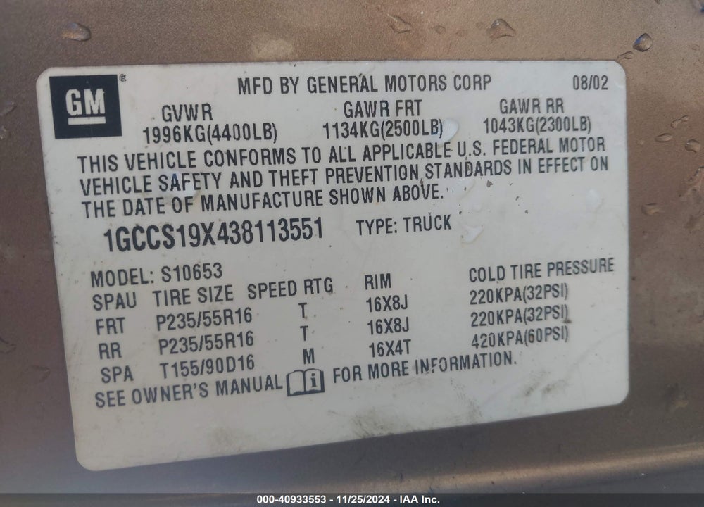 2003 CHEVROLET S-10 LS VIN: 1GCCS19X438113551
