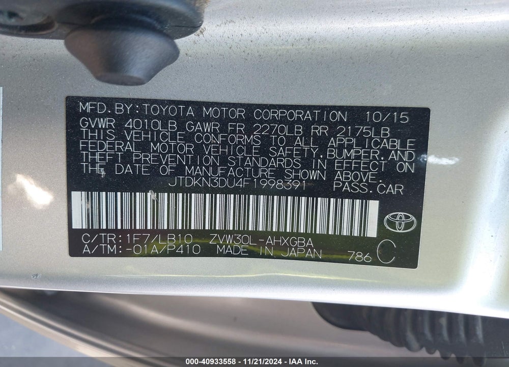 2015 TOYOTA PRIUS VIN: JTDKN3DU4F1998391