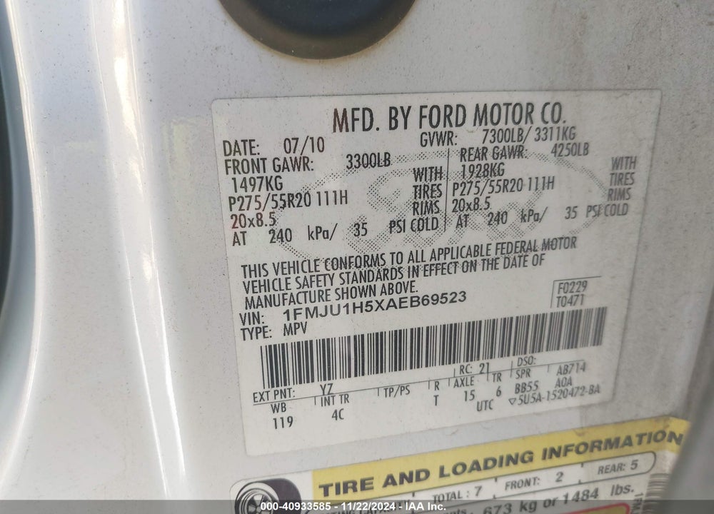 2010 FORD EXPEDITION EDDIE BAUER VIN: 1FMJU1H5XAEB69523