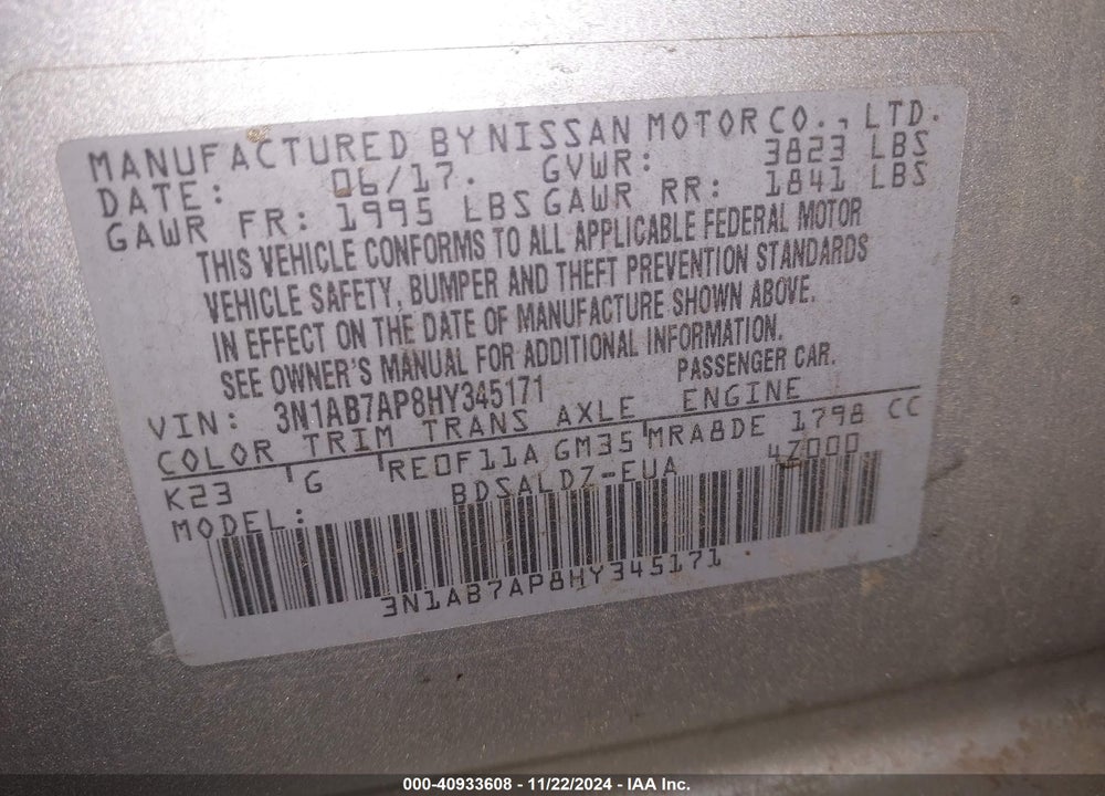 2017 NISSAN SENTRA SV VIN: 3N1AB7AP8HY345171