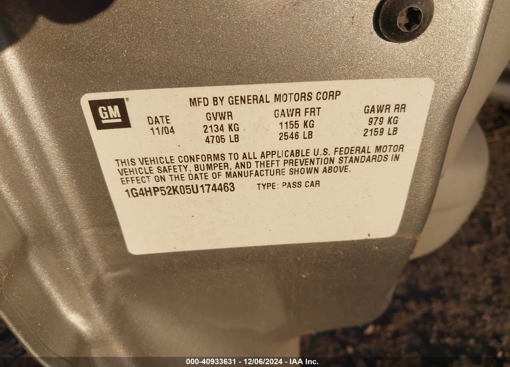 2005 BUICK LESABRE CUSTOM VIN: 1G4HP52K05U174463