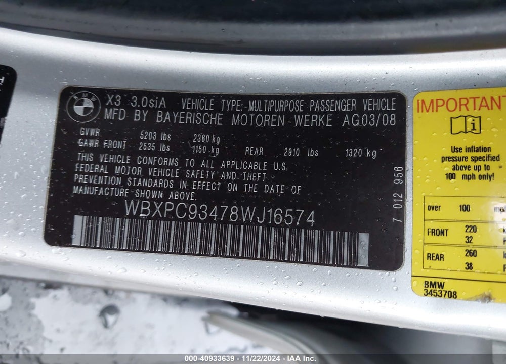 2008 BMW X3 3.0SI VIN: WBXPC93478WJ16574
