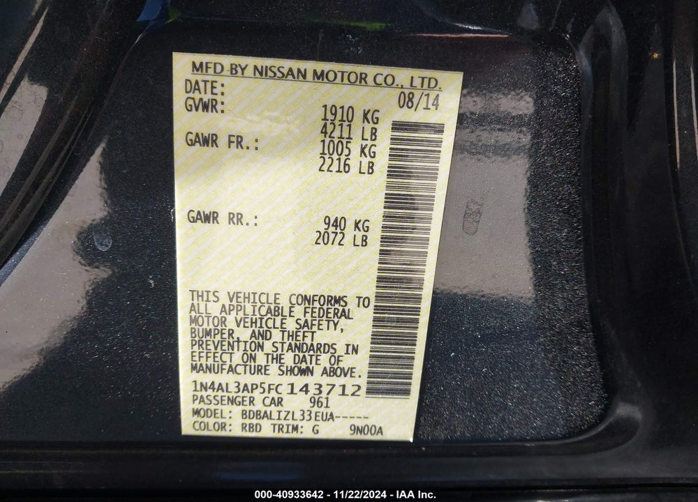 2015 NISSAN ALTIMA 2.5/2.5 S/2.5 SL/2.5 SV VIN: 1N4AL3AP5FC143712