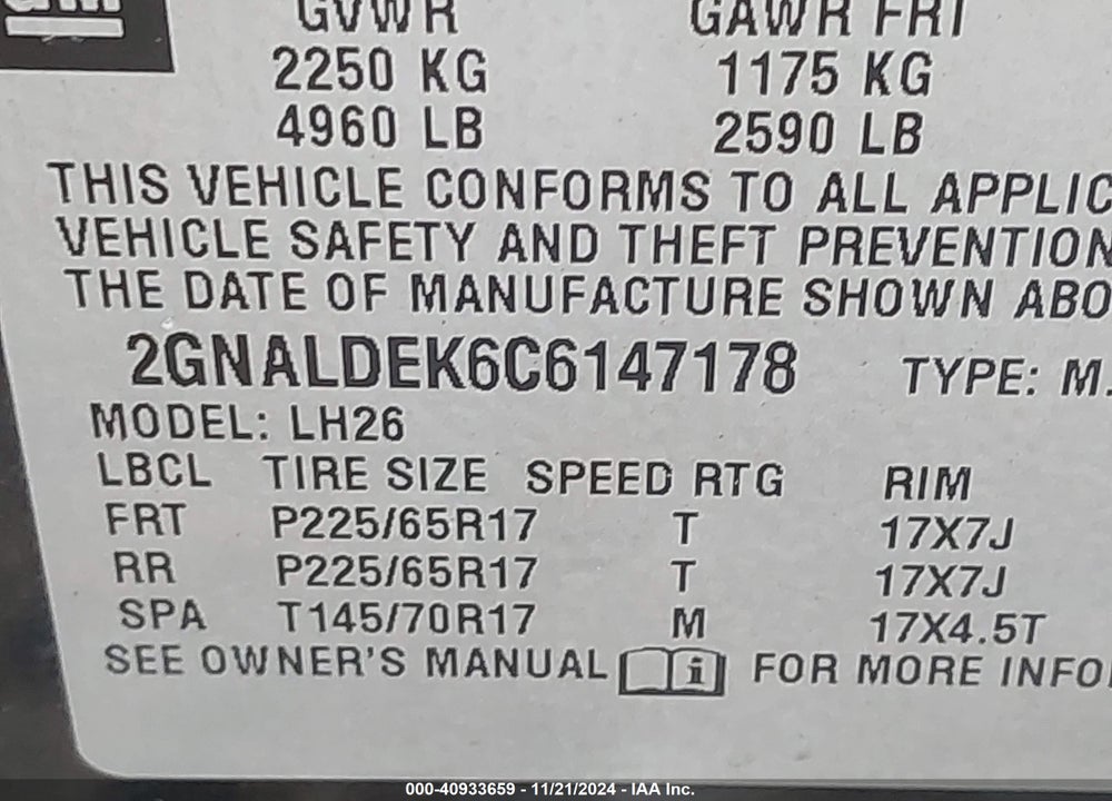 2012 CHEVROLET EQUINOX 1LT VIN: 2GNALDEK6C6147178