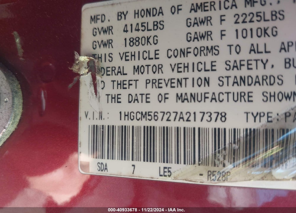 2007 HONDA ACCORD 2.4 EX VIN: 1HGCM56727A217378