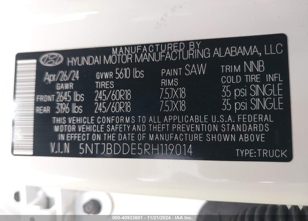 2024 HYUNDAI SANTA CRUZ SEL VIN: 5NTJBDDE5RH119014