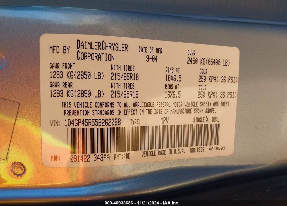 2005 DODGE CARAVAN SXT VIN: 1D4GP45R55B262068