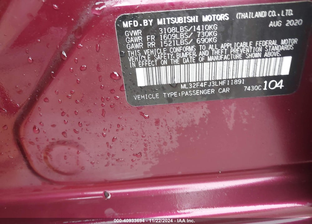 2020 MITSUBISHI MIRAGE G4 LE/SE VIN: ML32F4FJ3LHF11891