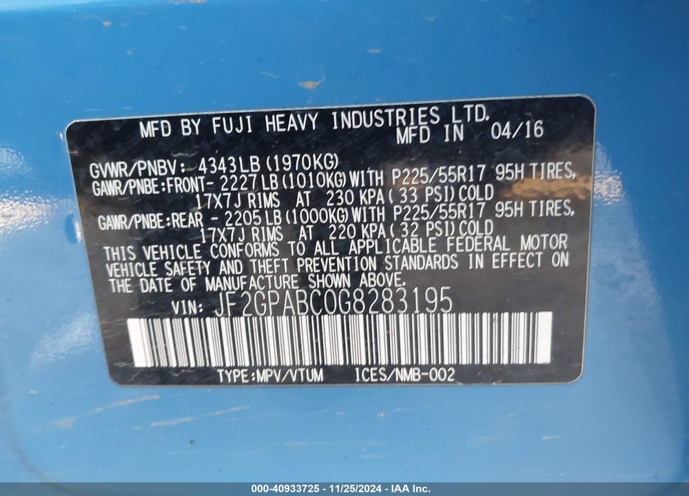 2016 SUBARU CROSSTREK 2.0I PREMIUM VIN: JF2GPABC0G8283195