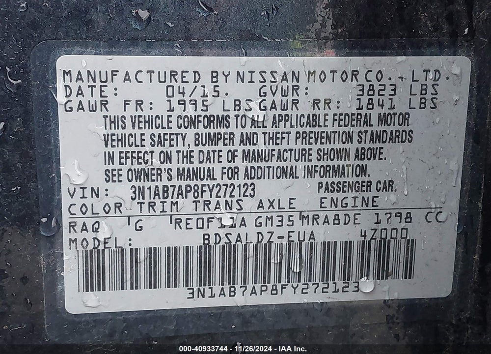 2015 NISSAN SENTRA VIN: 3N1AB7AP8FY272123