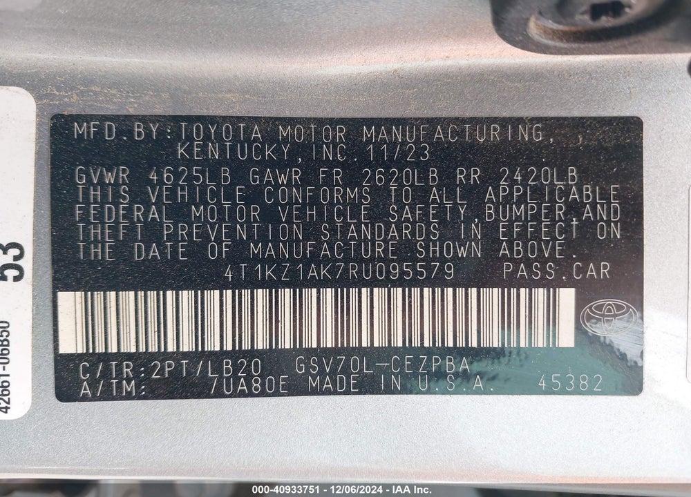 2024 TOYOTA CAMRY XSE V6 VIN: 4T1KZ1AK7RU095579