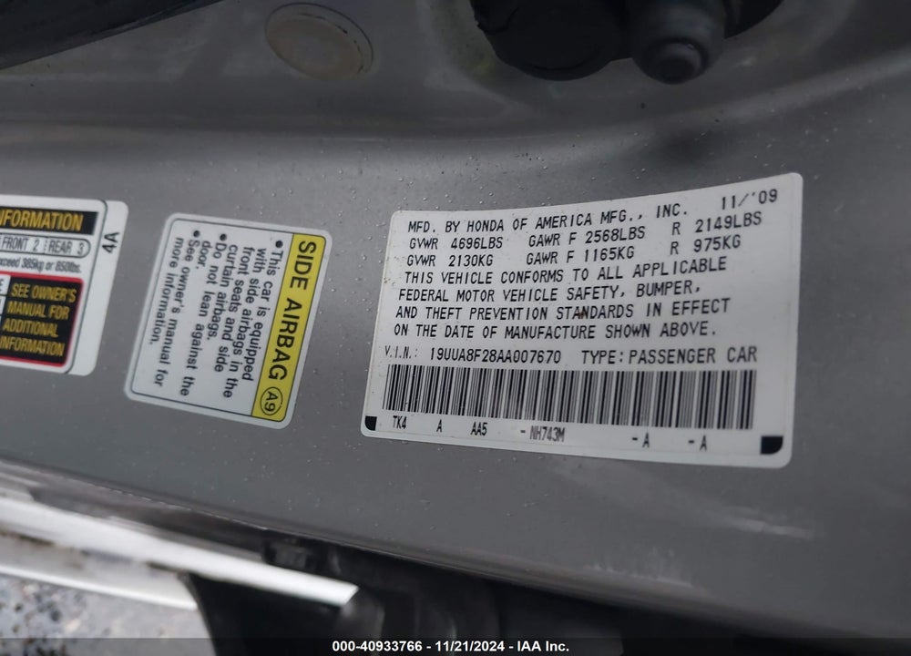2010 ACURA TL VIN: 19UUA8F28AA007670