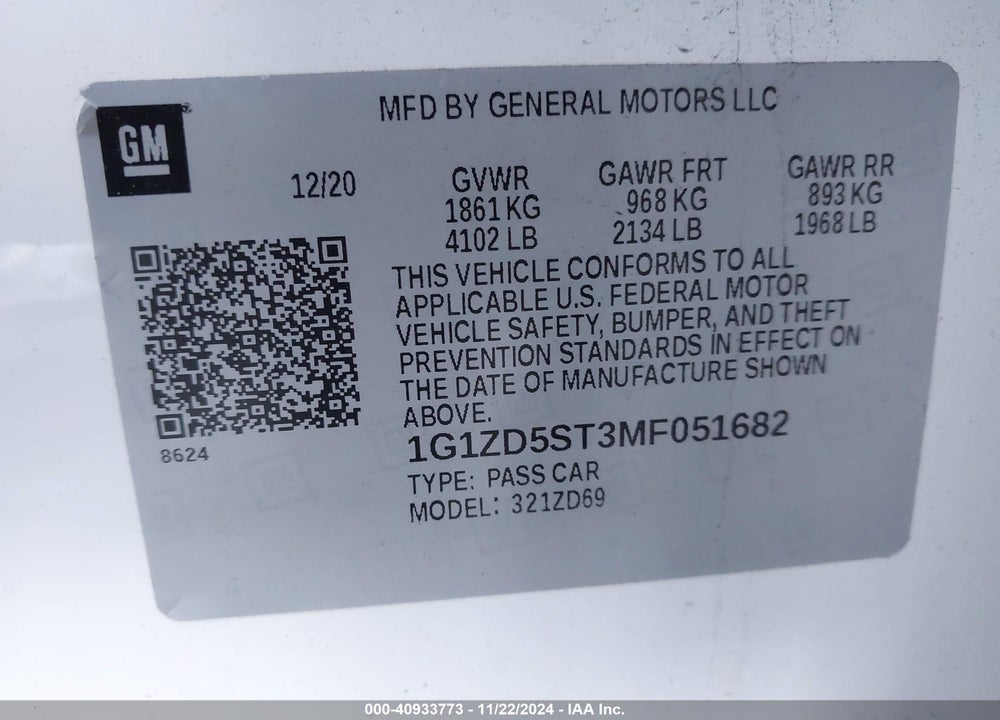 2021 CHEVROLET MALIBU FWD LT VIN: 1G1ZD5ST3MF051682